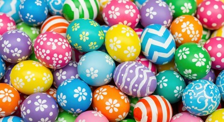 Fototapeta premium Numerous brightly colored and decorated ovoid objects fill the entire frame.