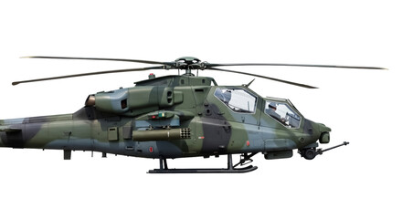 Camouflaged Agusta A129 Mangusta attack helicopter isolated PNG, Italian military aircraft on transparent background for defense and aviation projects © Aliona