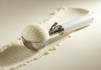 Ice cream scoop with vanilla scoop on knitted white fabric close-up minimalist dessert