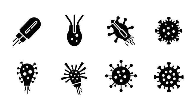Black silhouettes illustrating various viruses bacteria and a medicine capsule