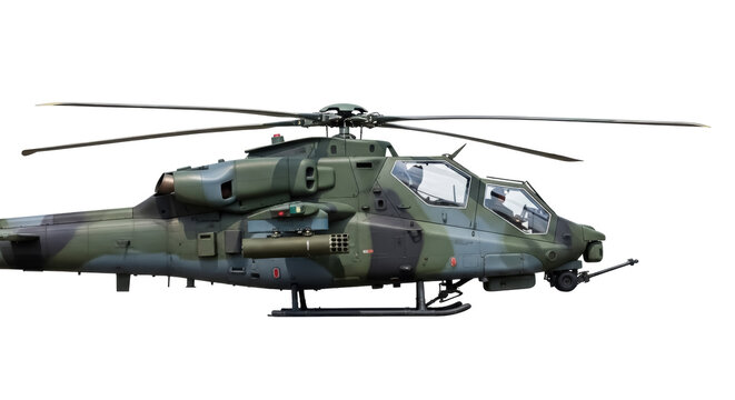 Camouflaged Agusta A129 Mangusta attack helicopter isolated PNG, Italian military aircraft on transparent background for defense and aviation projects