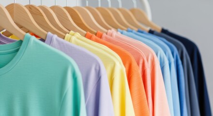 Obraz premium Row of colorful casual garments hangs neatly arranged on wooden hangers.