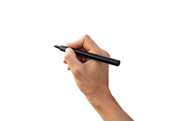 Hand holding black digital pen stylus writing tool technology tablet accessory, isolated on a transparent background