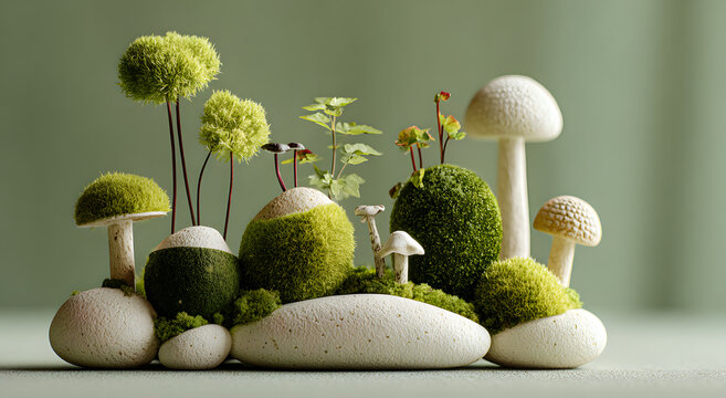 Komposisi still life batu putih bergaya zen yang disusun seimbang dengan lumut hijau, tanaman kecil, dan jamur di atas permukaan netral dengan latar belakang hijau lembut. Konsep ketenangan, keseimban