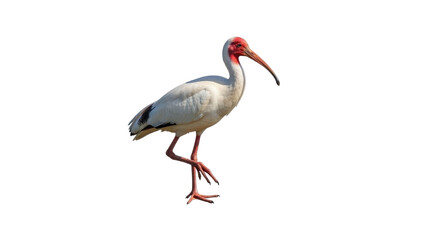 Obraz premium White Ibis bird with red face and long curved beak, standing on pink legs, isolated on transparent background, png
