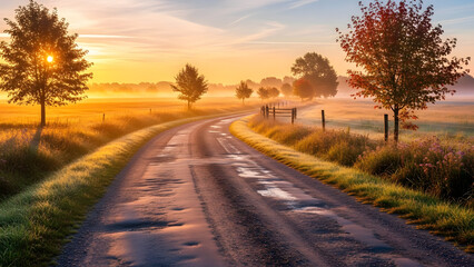 Obraz premium Country road passing through misty fields during sunrise