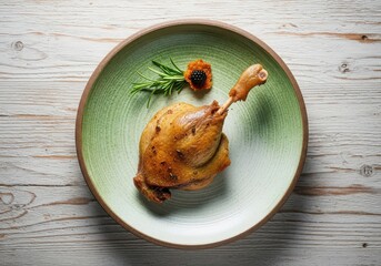 Roasted chicken leg with herbs on rustic green plate over wooden table