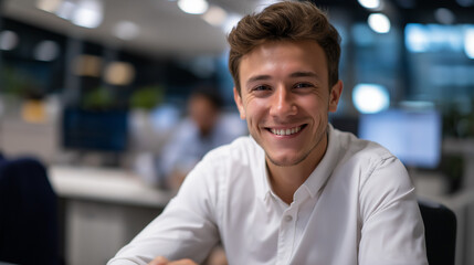 Fototapeta premium Fresh young male professional in crisp white shirt in modern office environment new employee portrait on first day showing eagerness enthusiastic internship program participant