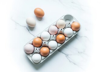 Easter egg carton with colorful painted eggs and spoon on white marble background