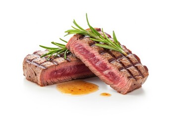 Grilled medium rare steak with rosemary garnish on white plate close up