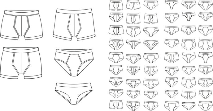 Men&rsquo;s Underwear Technical Sketches Featuring Boxer Briefs, Briefs, Waistband Styles, Seam Variations, Fashion Design Reference, Garment Construction Details