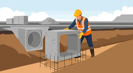 Construction worker installing concrete drainage pipes at a site.