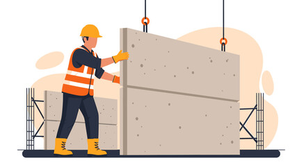 Construction worker installing concrete wall panel on building site.