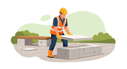 Construction worker installing concrete slab outdoors.