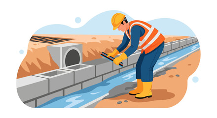 Construction worker installing drainage system on a sunny day.