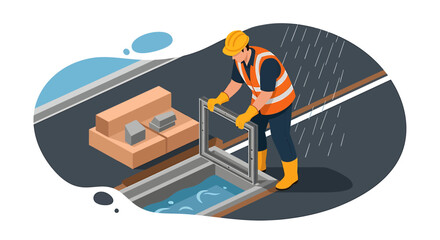 Construction worker installing drainage system on rainy day.