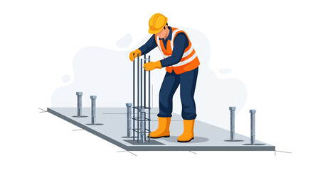 Construction worker installing rebar on a concrete foundation.