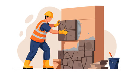 Construction worker installing stone facade on building exterior wall.