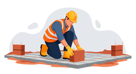 Construction worker laying bricks on a building site wearing safety gear.