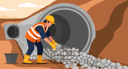 Construction worker installing gabion baskets near large concrete pipe.
