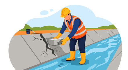 Construction worker repairing concrete canal with water flowing.