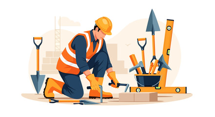 Construction worker with tools and equipment on a white background.