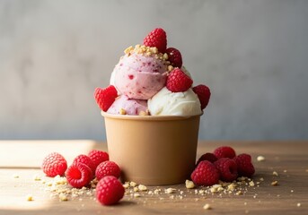 Strawberry ice cream cup with fresh berries and sprinkles on wooden table dessert