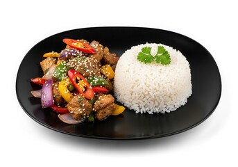 Healthy vegetarian rice bowl with colorful stir-fried vegetables and garnish on black plate