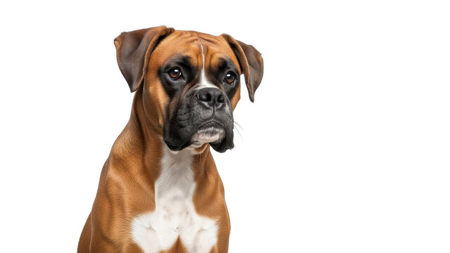 Close-up portrait of a fawn Boxer dog with white chest markings, looking directly at camera, isolated on white background