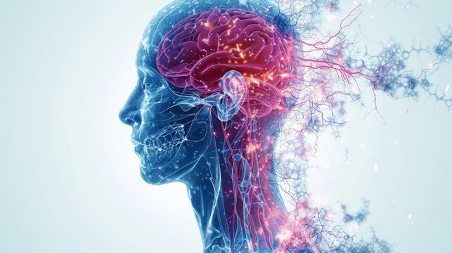 A glowing human brain with neural connections symbolises intellectual potential and is ideal as a background for scientific articles or educational materials on neuroscience and innovation.