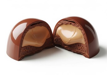 Luxurious Chocolate Truffles Cut Open Showing Creamy Caramel Filling on White Background