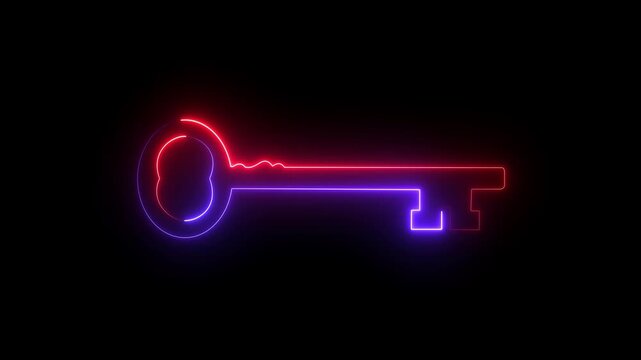 Glowing neon line Key icon isolated on black background. security privacy password protection safety animated. Neon blue key Animation on Black Background. 4K Video motion graphic.