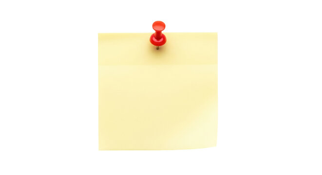Yellow sticky note with red push pin PNG isolated on transparent background, reminder message for office and personal use