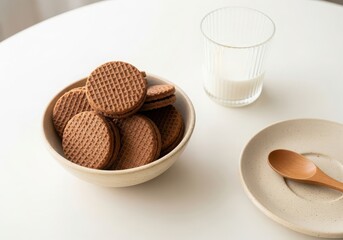 Round cookies in bowl with milk glass and wooden spoon on white table