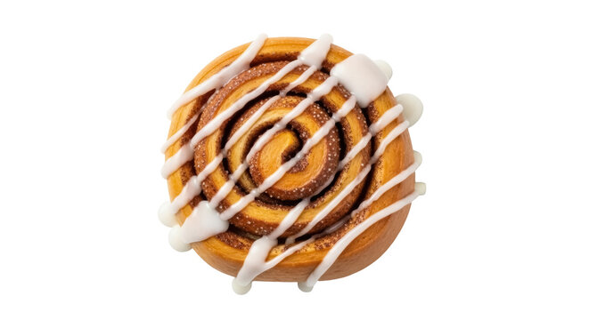 Delicious cinnamon roll with icing isolated PNG, sweet pastry dessert for breakfast or snack on transparent background