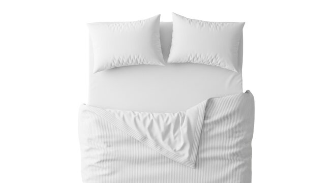 White bedding with pillows isolated PNG, comfortable bed with duvet cover for bedroom interior design and relaxation on transparent background