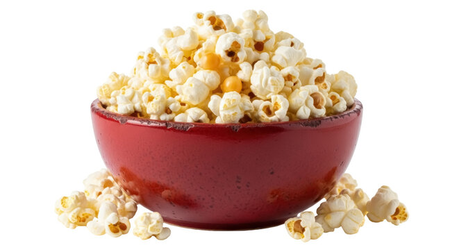 Bowl of fresh popcorn isolated PNG, delicious snack for movie night on transparent background, salty and buttery treat, ready to eat