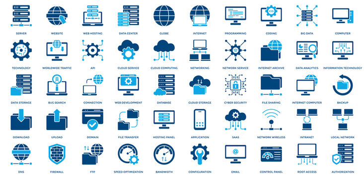 Web Hosting Icon Set. Containing Server, Website, Data Center, Internet, Programming, Coding, Big Data, Computer, Technology, Worldwide Traffic Icon. Simple Dual tone Vector 