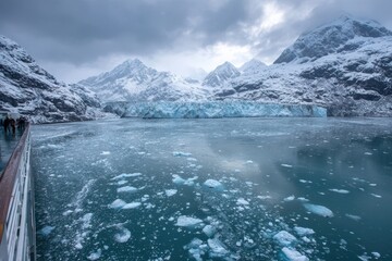 Obraz premium Alaskan Glacier Bay Landscape: Blue Ice, Calving Edges, and Distant Snowy Peaks