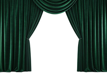 Green velvet theater curtains opened revealing empty stage space, isolated on a transparent background
