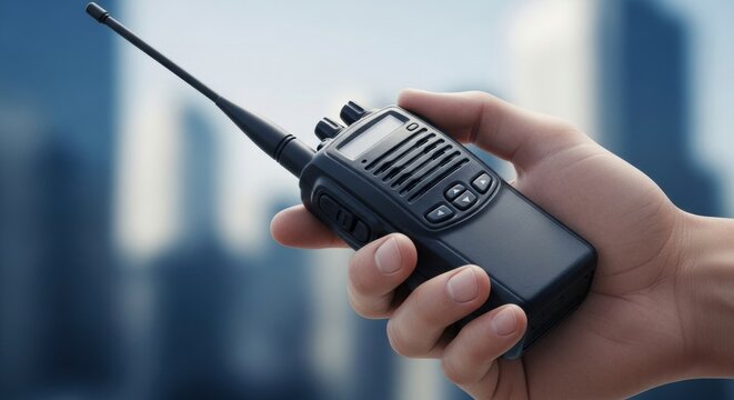 Hand holding black portable walkie talkie radio against blurred city building background