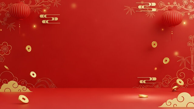 Vibrant red chinese new year background featuring lanterns gold coins and traditional cultural elements
