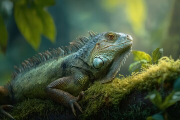 Fototapeta premium Arboreal reptile on a branch with dappled sunlight and vivid greens