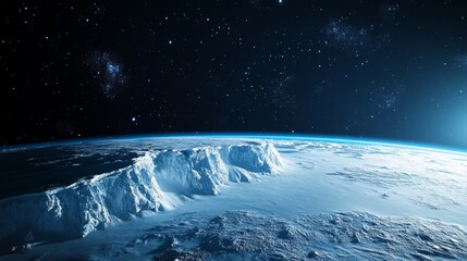 Naklejka premium Frozen mountain peaks against the backdrop of the cosmic abyss demonstrate the fragility of earthly beauty and the threat of climate change. In demand as a background 