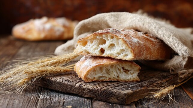 Pieces of fresh ciabatta bread with wheat ears on rustic wooden board in close up, natural bakery food background showing traditional baking, organic ingredients, homemade texture and healthy lifestyl