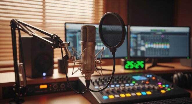 Home recording studio for podcasting featuring professional condenser mic and sound board