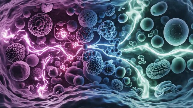 The estrogen-dominant side displays intense conversion waves within endocrine cells, with glowing intermediates forming rapidly. The low-progesterone side shows slower, softer synthesis streams