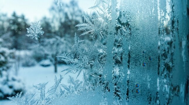 Frost patterns cover a window on a cold winter morning. Outside, snow blankets the ground and trees. The scene shows a typical chilly day in winter