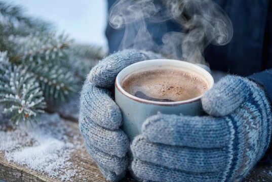 A person holds a cup of hot chocolate with steam rising in a cold winter environment. Snow and pine branches are visible, creating a festive scene