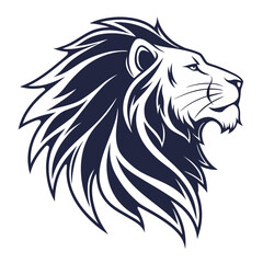 Obraz premium A bold black vector illustration of a fierce lion head in a tattoo and mascot style with clean lines and a powerful wild animal face isolated on a white background